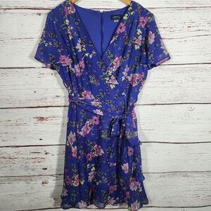 Tahari Floral Blue Wrap Top